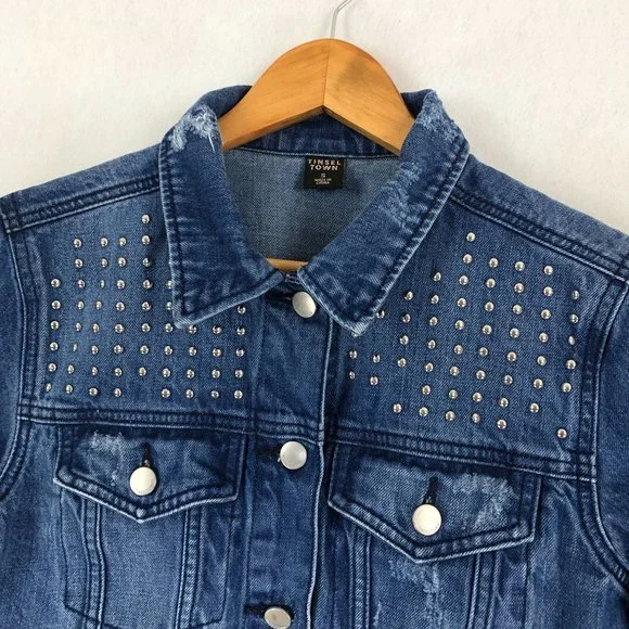 Tinsel Town Women's Small Blue Studded Button Front Denim Jean Jacket Cotton - Picture 3 of 9